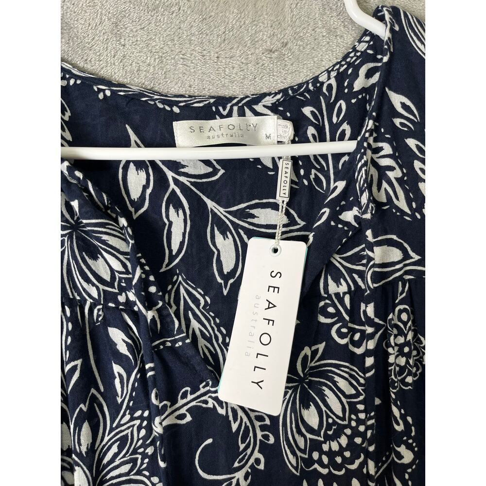Seafolly Folklore Midi Dress True Navy Boho Coastal Resort Flowy Sundress MD New - Picture 2 of 7